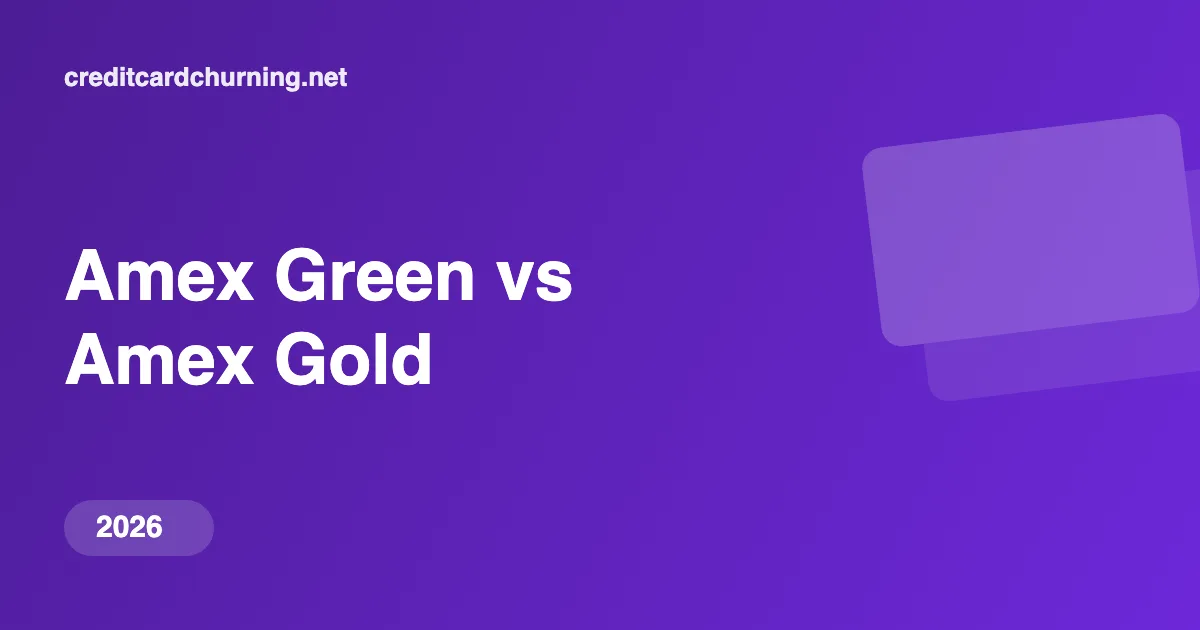 Purple gradient hero with the title 'Amex Green vs Amex Gold' and a '2026' badge in the bottom-left